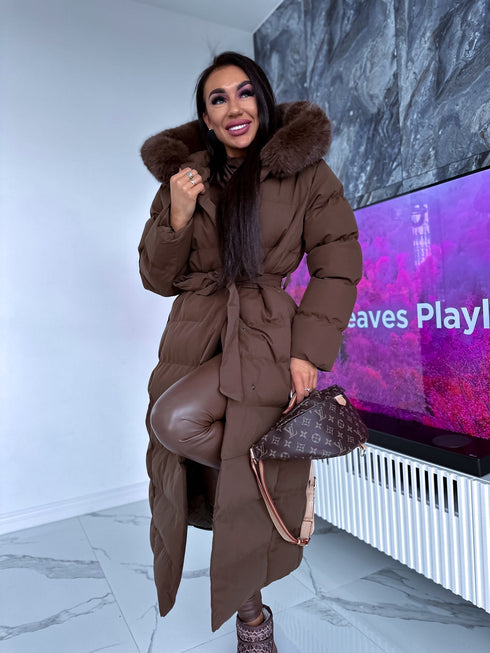 Long WINTER jacket with down hood - chocolate brown PRE-ORDER